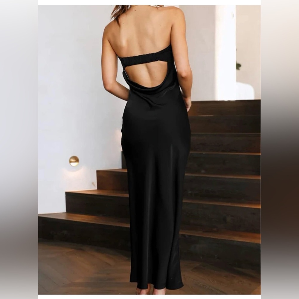 Realtix Satin Silk Backless Tube Tops Maxi Dress Low Back Hollow Strapless